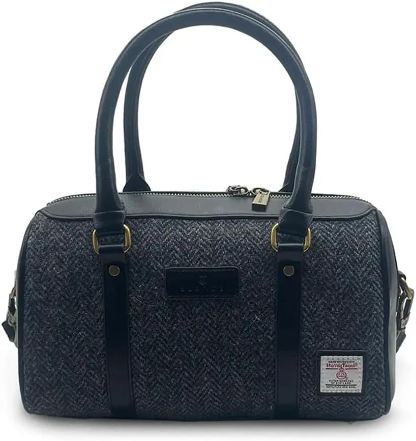 Islander The Medium Duffel Harris Tweed & Microfibre Leather (Black and Grey Herringbone)