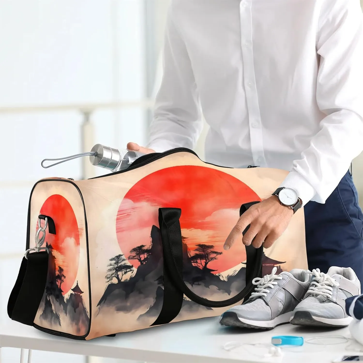 Japanese Chinese Oriental Art Travel Duffle Bag, Sports Gym Bags for Women Men, Carry On Weekender Overnight Workout Airplane Trips Bag