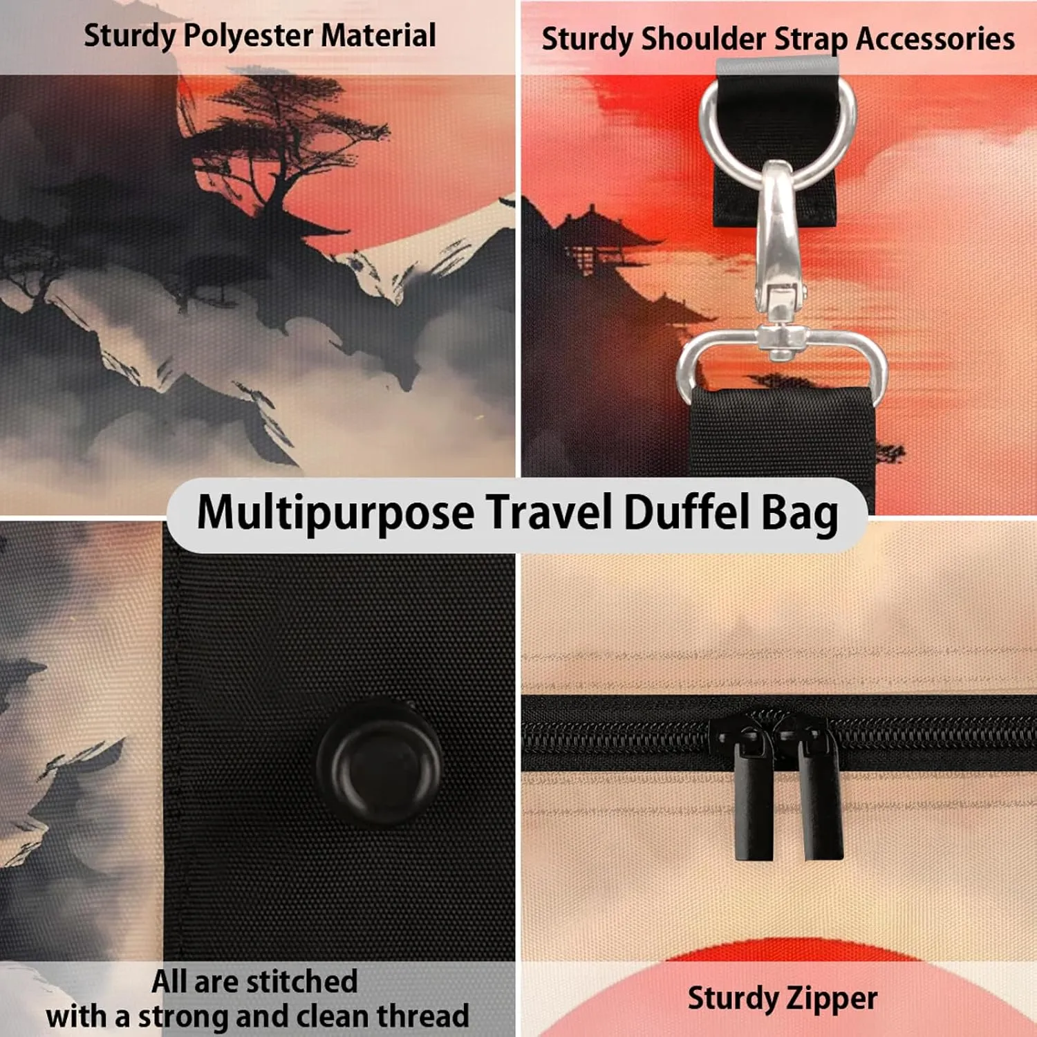 Japanese Chinese Oriental Art Travel Duffle Bag, Sports Gym Bags for Women Men, Carry On Weekender Overnight Workout Airplane Trips Bag