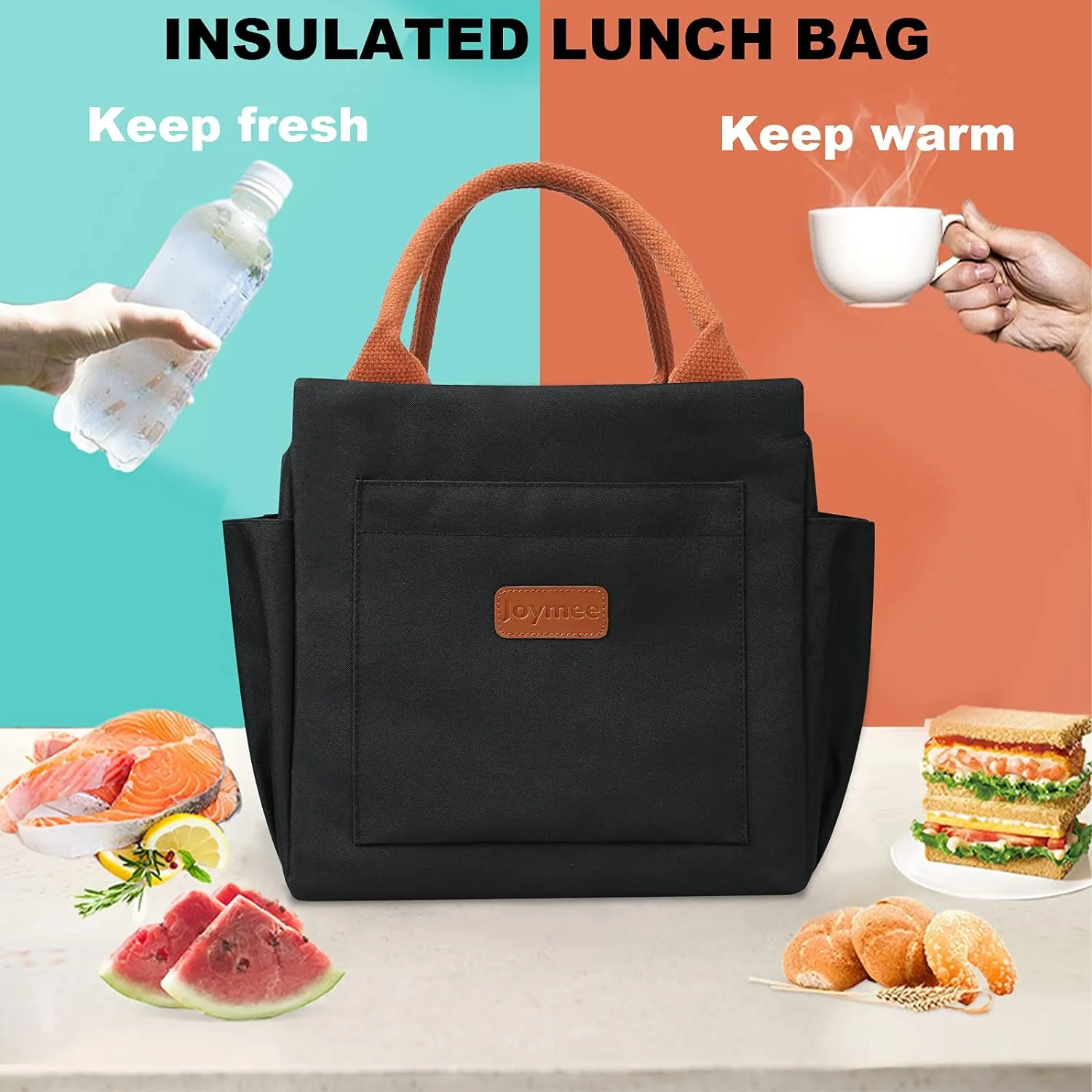 Joymee Lunch Bag Women Insulated Lunch Box Reusable Leakproof Large Spacious Cooler Tote for Women Men Adult with Bottle Holder and Side Pockets for Work Office Travel Picnic - Black