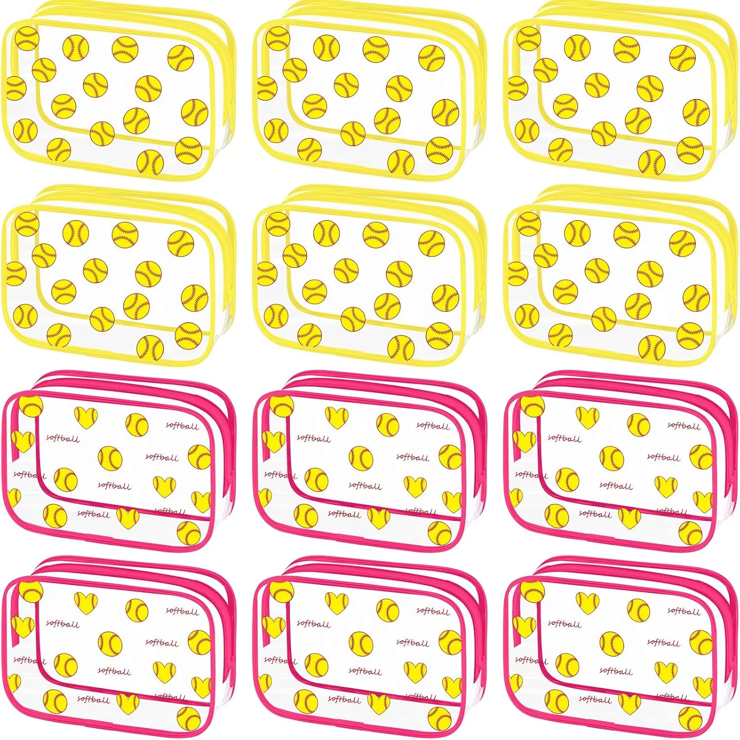 Kacctyen 12 Pcs Softball Clear Makeup Bag with Zipper Bulk Sport Goodie Clear PVC Pouch Organizer Waterproof Travel Case for Woman Team Gifts Birthday Decorations Supplies