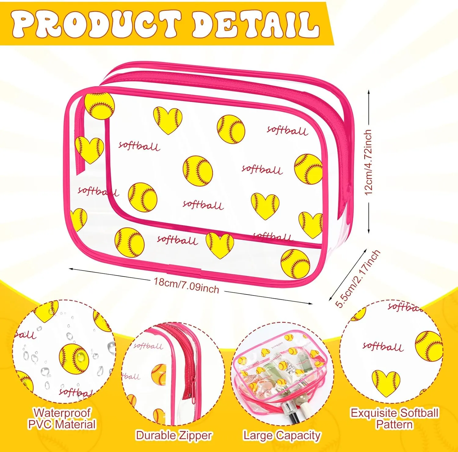 Kacctyen 12 Pcs Softball Clear Makeup Bag with Zipper Bulk Sport Goodie Clear PVC Pouch Organizer Waterproof Travel Case for Woman Team Gifts Birthday Decorations Supplies