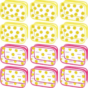 Kacctyen 12 Pcs Softball Clear Makeup Bag with Zipper Bulk Sport Goodie Clear PVC Pouch Organizer Waterproof Travel Case for Woman Team Gifts Birthday Decorations Supplies