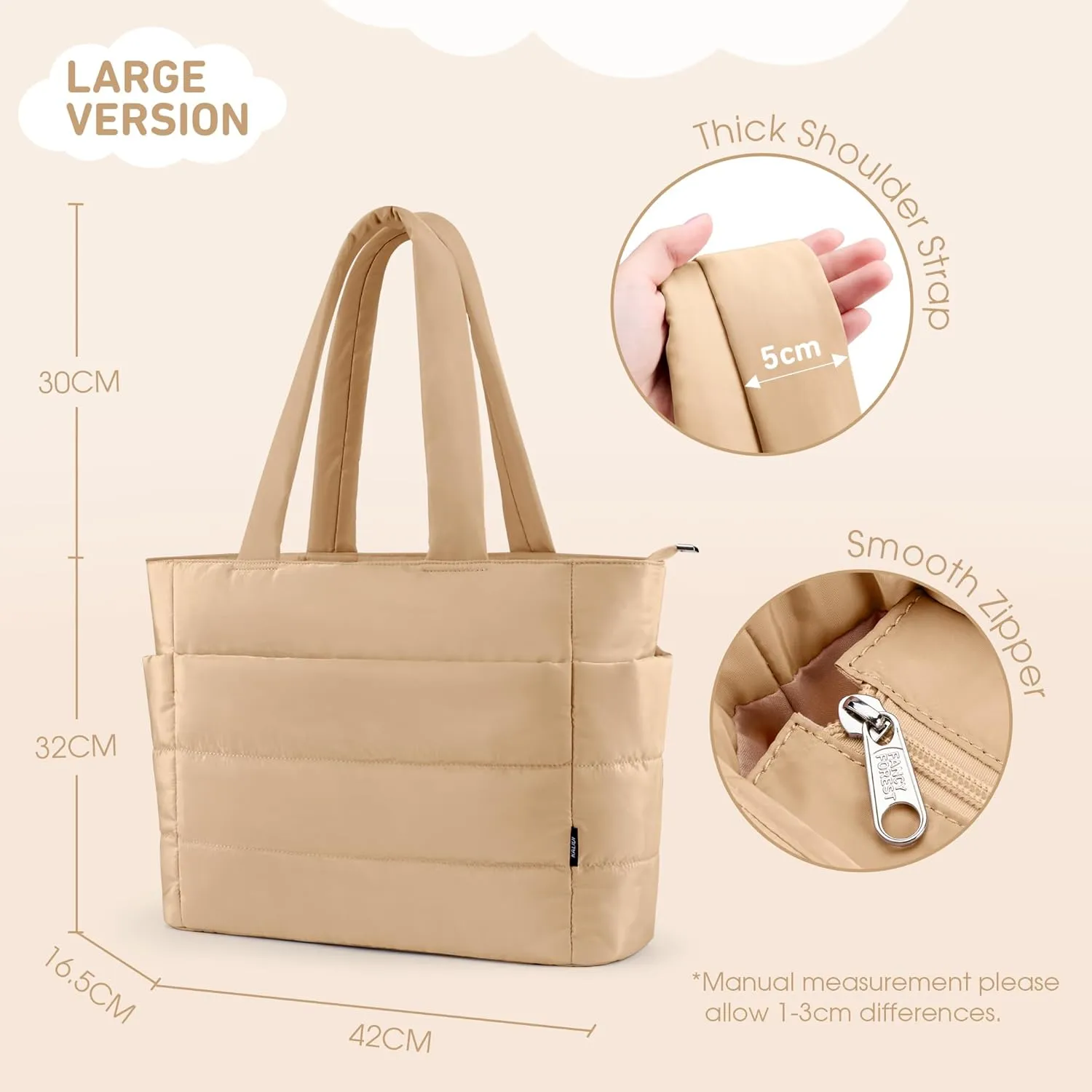 KALIDI Quilted Tote Bag, Carryall Puffer Messenger Laptop Bag Padded Shoulder Large Anti Splash Zipper Casual Work Gym Wome