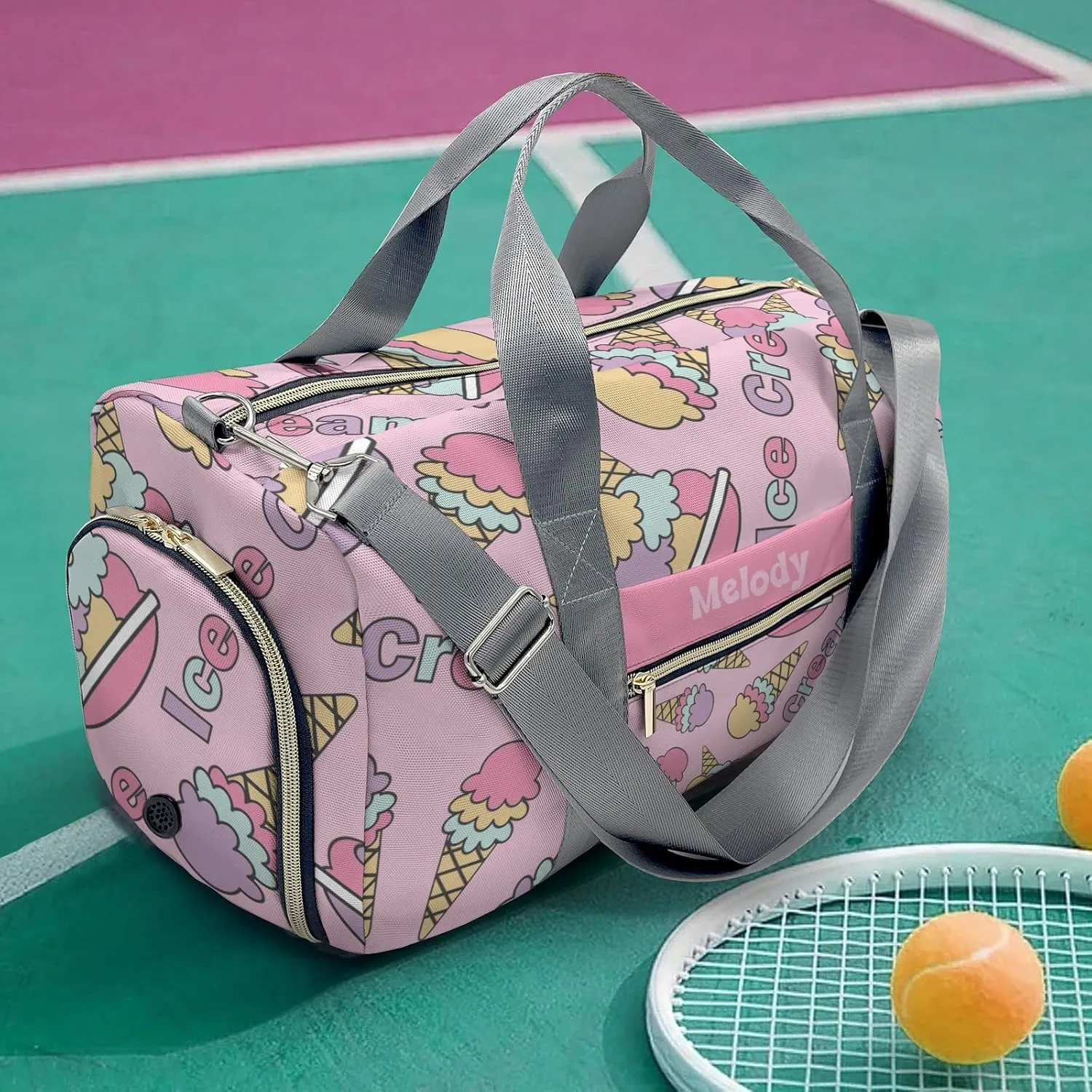 Kawaii Ice Cream Pink Personalized Duffel Bag,Custom Travel Gym Bag with Name,Waterproof Sports Overnight Bag with Shoe Compartment & Shoulder Strap
