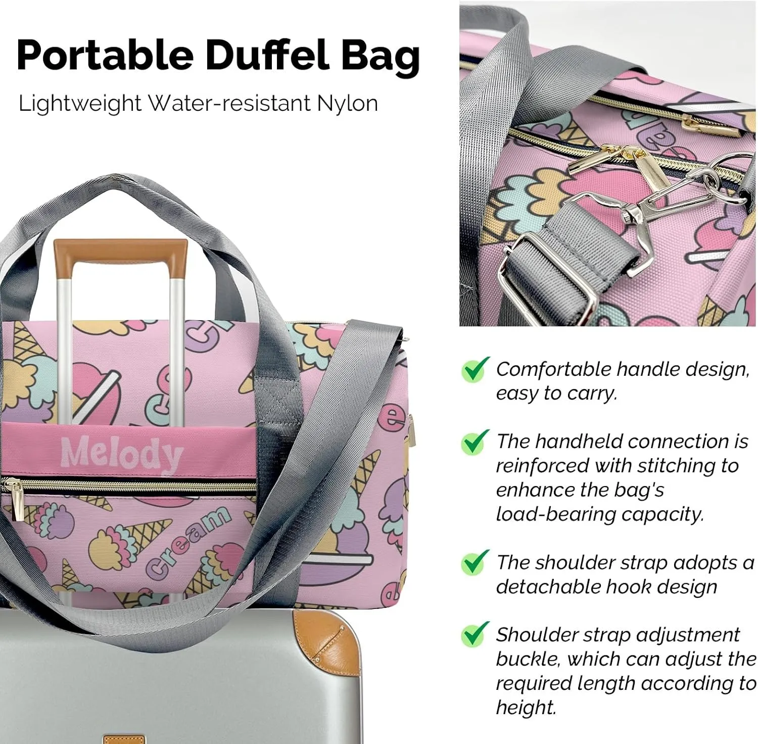 Kawaii Ice Cream Pink Personalized Duffel Bag,Custom Travel Gym Bag with Name,Waterproof Sports Overnight Bag with Shoe Compartment & Shoulder Strap