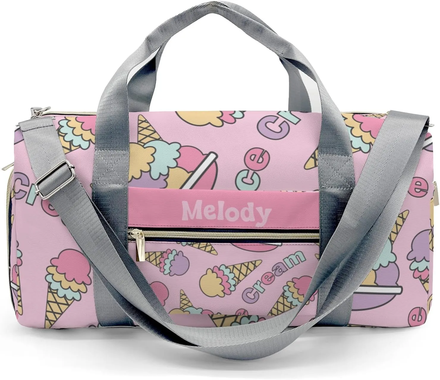 Kawaii Ice Cream Pink Personalized Duffel Bag,Custom Travel Gym Bag with Name,Waterproof Sports Overnight Bag with Shoe Compartment & Shoulder Strap