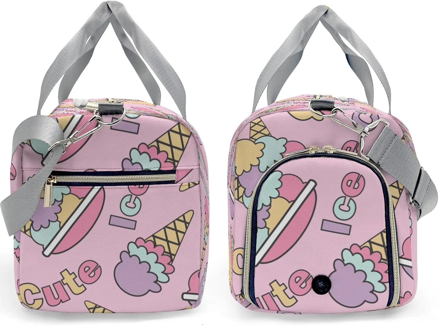 Kawaii Ice Cream Pink Personalized Duffel Bag,Custom Travel Gym Bag with Name,Waterproof Sports Overnight Bag with Shoe Compartment & Shoulder Strap
