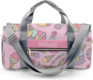 Kawaii Ice Cream Pink Personalized Duffel Bag,Custom Travel Gym Bag with Name,Waterproof Sports Overnight Bag with Shoe Compartment & Shoulder Strap