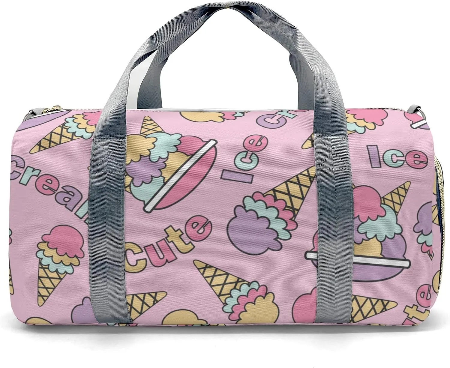 Kawaii Ice Cream Pink Personalized Duffel Bag,Custom Travel Gym Bag with Name,Waterproof Sports Overnight Bag with Shoe Compartment & Shoulder Strap
