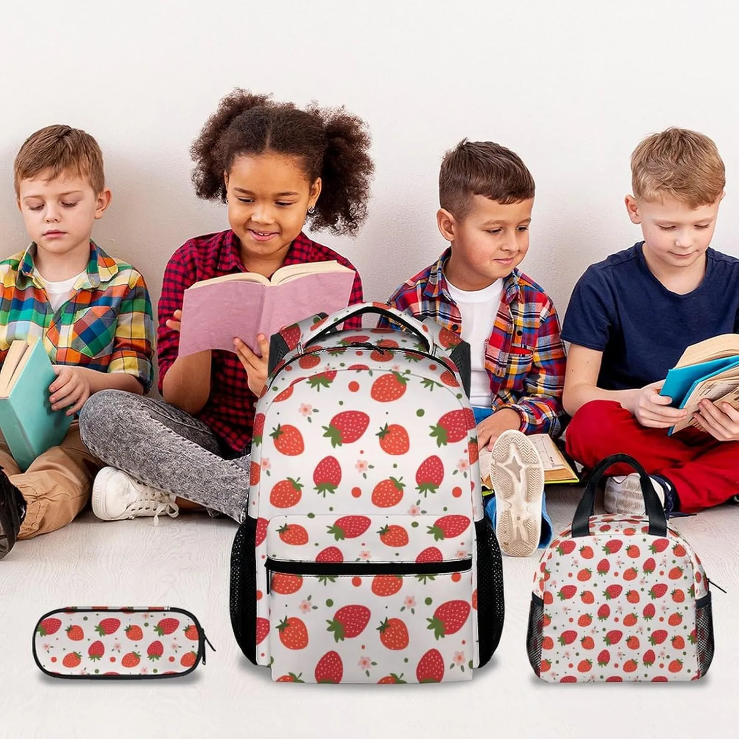 Kid Backpack with Lunch Bag Set for Girls - 3 in 1 Primary Middle School Backpacks Matching Combo - Large Capacity, Durable, Pink Strawberry Bookbag and Pencil Case Bundle