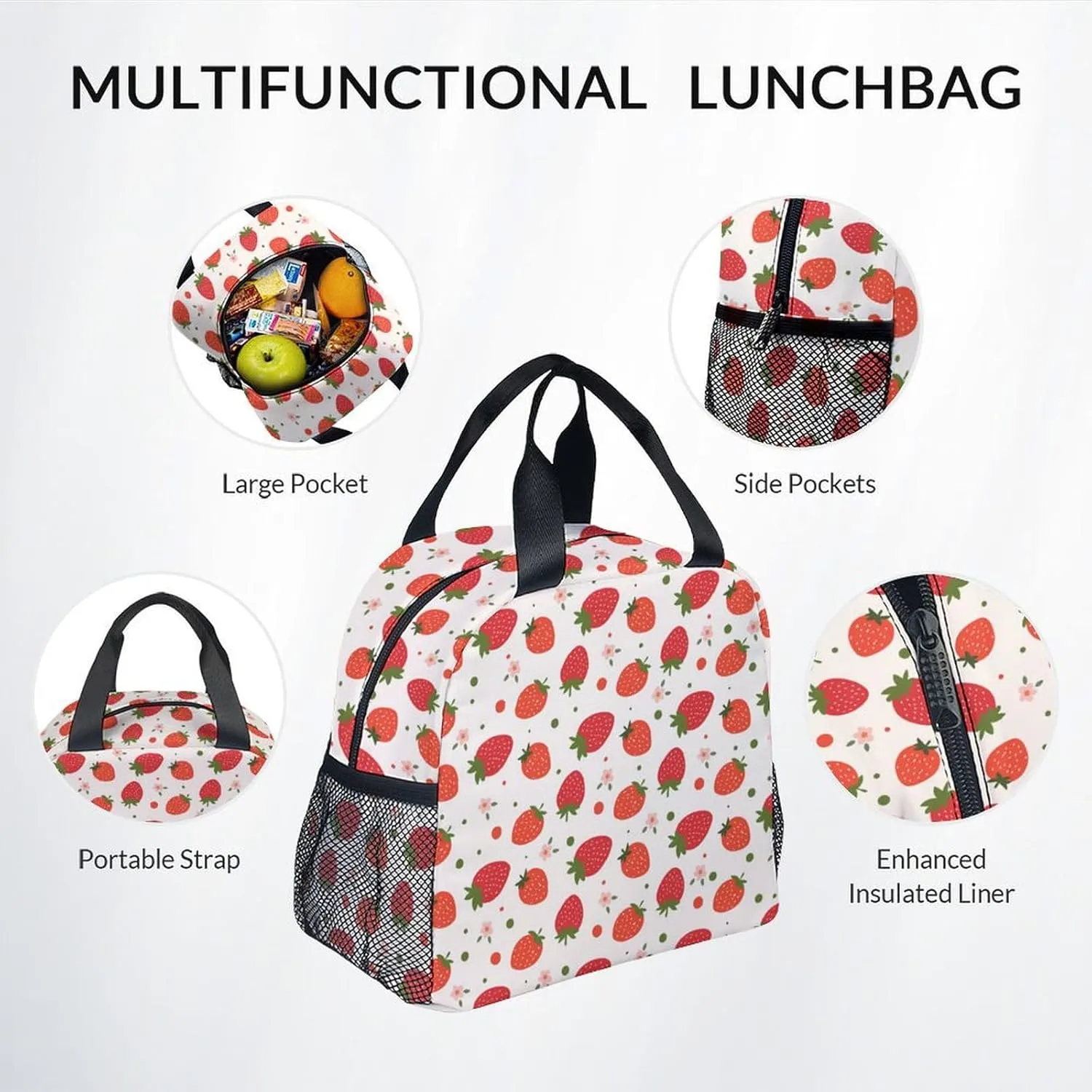 Kid Backpack with Lunch Bag Set for Girls - 3 in 1 Primary Middle School Backpacks Matching Combo - Large Capacity, Durable, Pink Strawberry Bookbag and Pencil Case Bundle