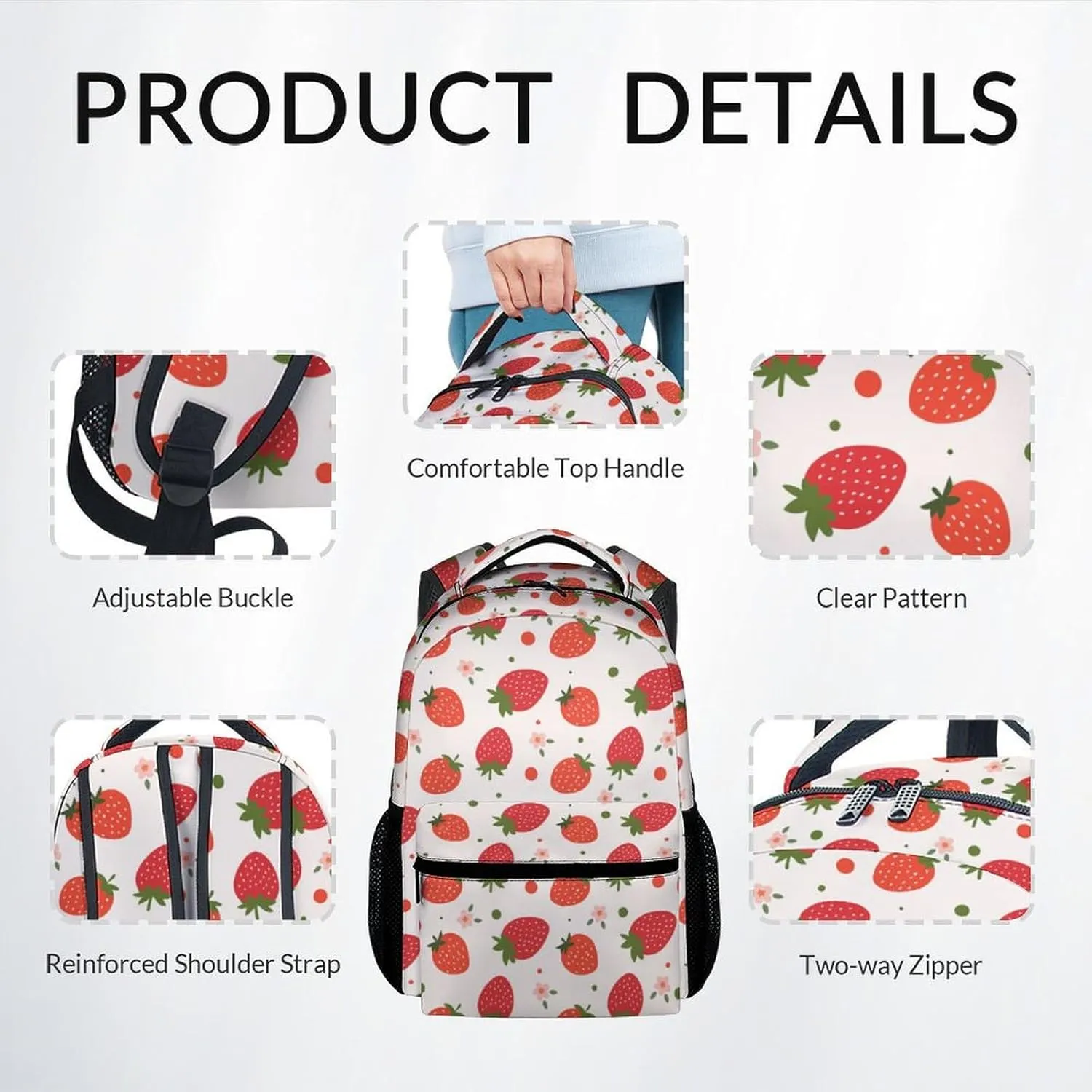 Kid Backpack with Lunch Bag Set for Girls - 3 in 1 Primary Middle School Backpacks Matching Combo - Large Capacity, Durable, Pink Strawberry Bookbag and Pencil Case Bundle