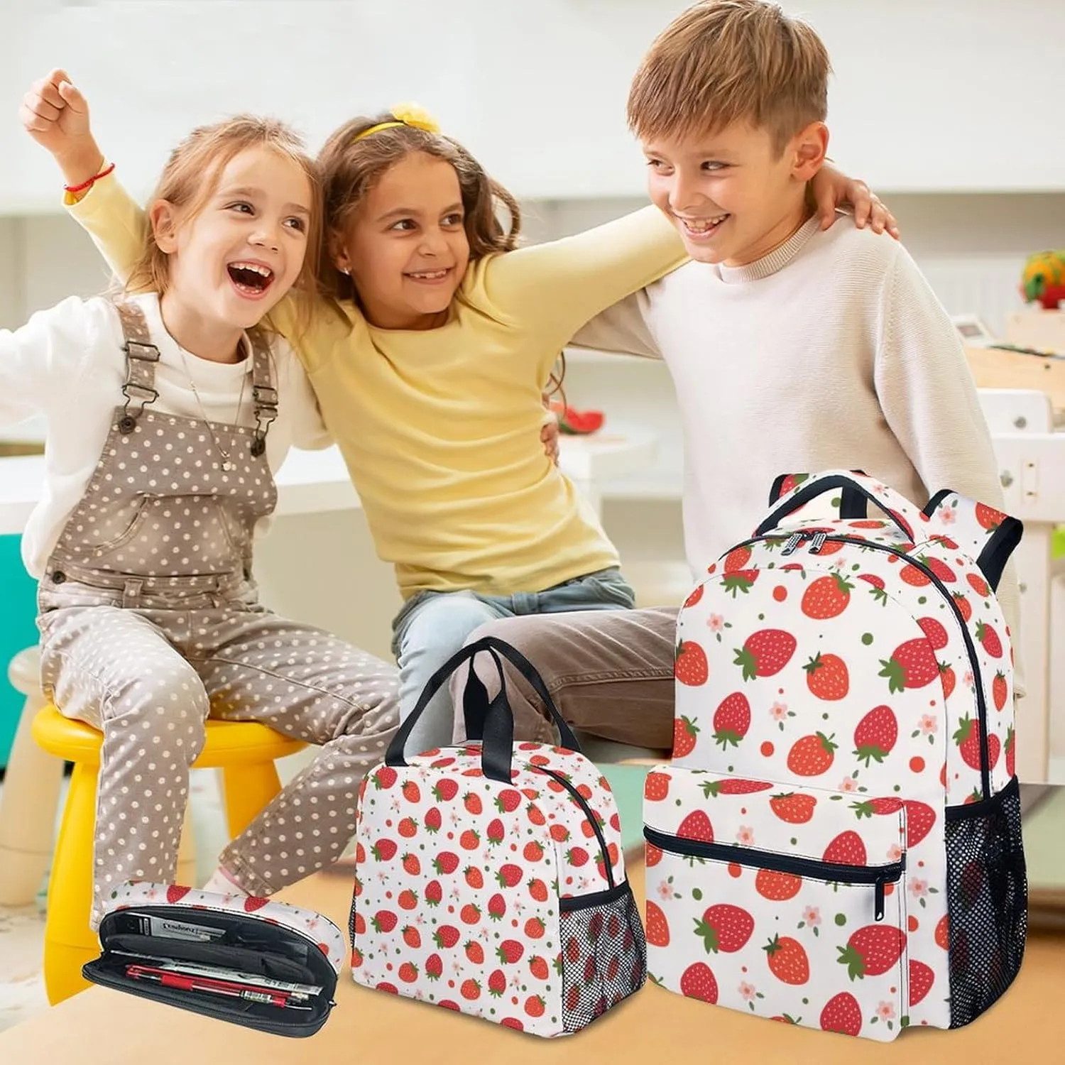 Kid Backpack with Lunch Bag Set for Girls - 3 in 1 Primary Middle School Backpacks Matching Combo - Large Capacity, Durable, Pink Strawberry Bookbag and Pencil Case Bundle