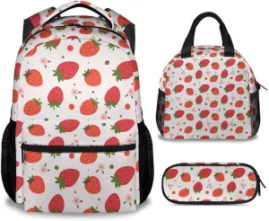Kid Backpack with Lunch Bag Set for Girls - 3 in 1 Primary Middle School Backpacks Matching Combo - Large Capacity, Durable, Pink Strawberry Bookbag and Pencil Case Bundle