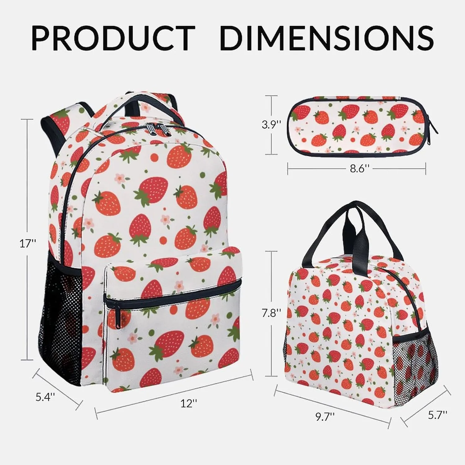 Kid Backpack with Lunch Bag Set for Girls - 3 in 1 Primary Middle School Backpacks Matching Combo - Large Capacity, Durable, Pink Strawberry Bookbag and Pencil Case Bundle
