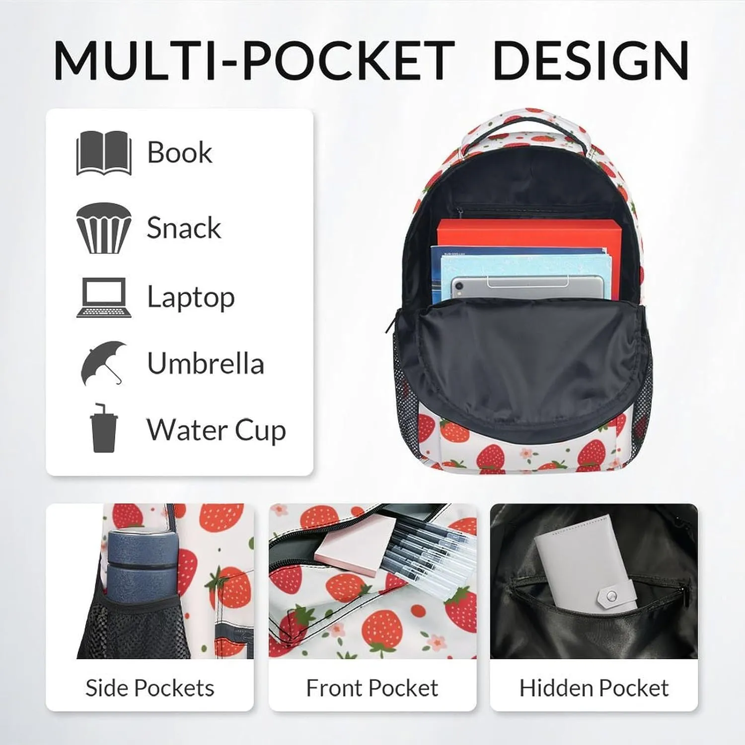 Kid Backpack with Lunch Bag Set for Girls - 3 in 1 Primary Middle School Backpacks Matching Combo - Large Capacity, Durable, Pink Strawberry Bookbag and Pencil Case Bundle