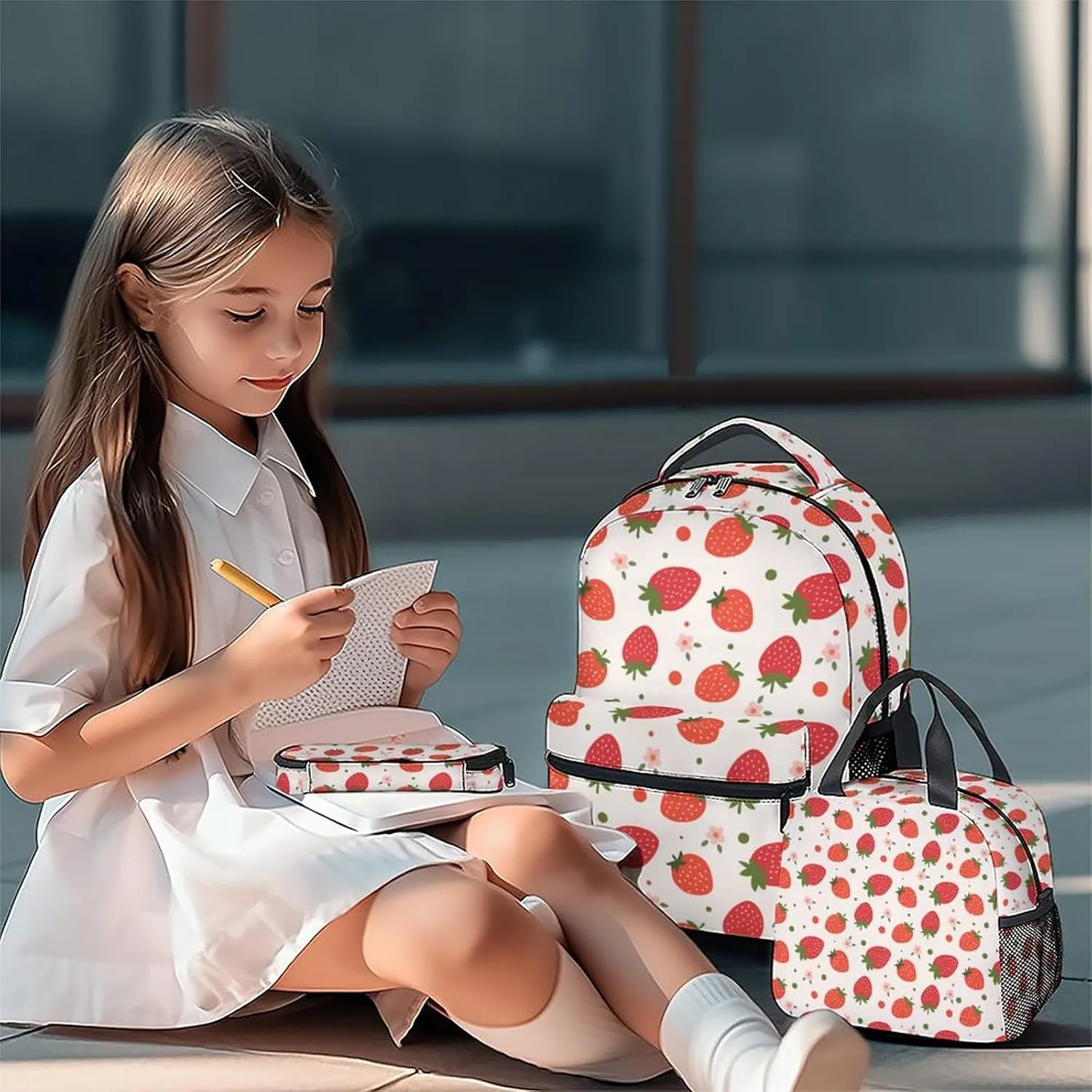 Kid Backpack with Lunch Bag Set for Girls - 3 in 1 Primary Middle School Backpacks Matching Combo - Large Capacity, Durable, Pink Strawberry Bookbag and Pencil Case Bundle