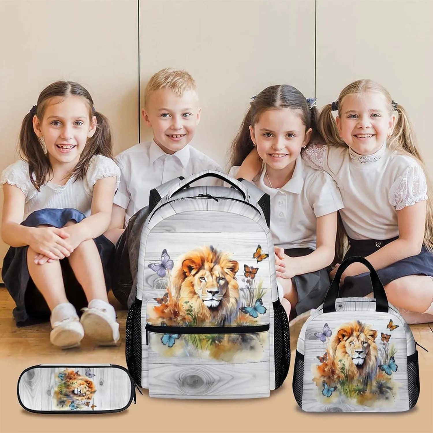 Kids Backpack with Lunch Box Set of 3, Lion Theme School Backpacks Matching Combo for Boys, Girls, Lion School Bag and Pencil Case Bundle Gifts for Teens
