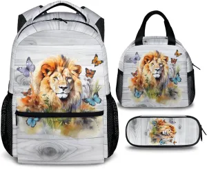Kids Backpack with Lunch Box Set of 3, Lion Theme School Backpacks Matching Combo for Boys, Girls, Lion School Bag and Pencil Case Bundle Gifts for Teens