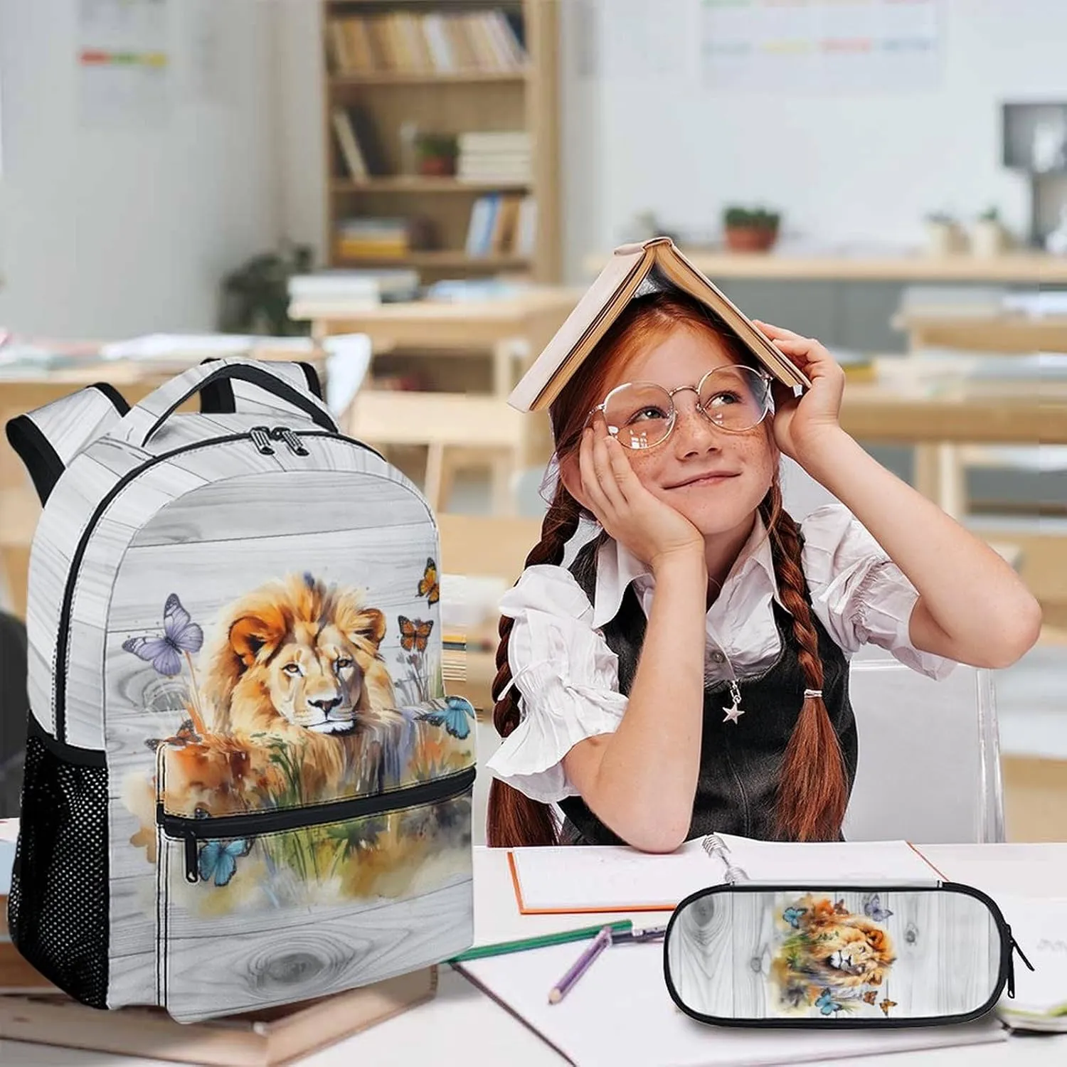 Kids Backpack with Lunch Box Set of 3, Lion Theme School Backpacks Matching Combo for Boys, Girls, Lion School Bag and Pencil Case Bundle Gifts for Teens