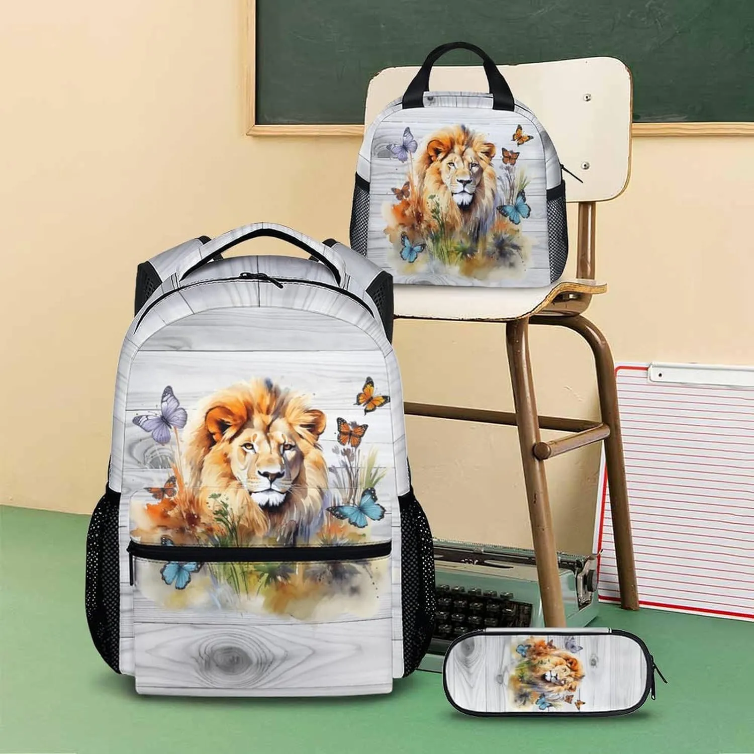 Kids Backpack with Lunch Box Set of 3, Lion Theme School Backpacks Matching Combo for Boys, Girls, Lion School Bag and Pencil Case Bundle Gifts for Teens