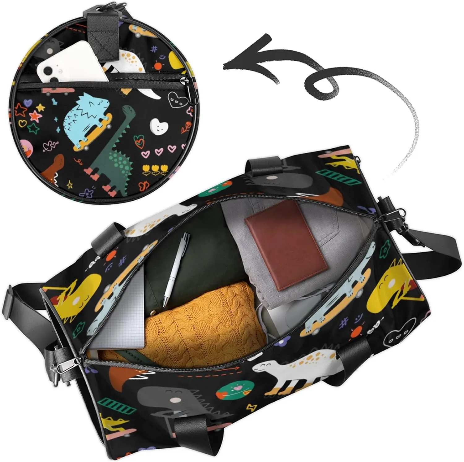 Kids Duffle Bag Boys Girls Overnight Bag Cute Dinosaur Round Cylinder Carry-On Weekend Gym Bag with Adjustable Should Strap for Travel Sport Camping