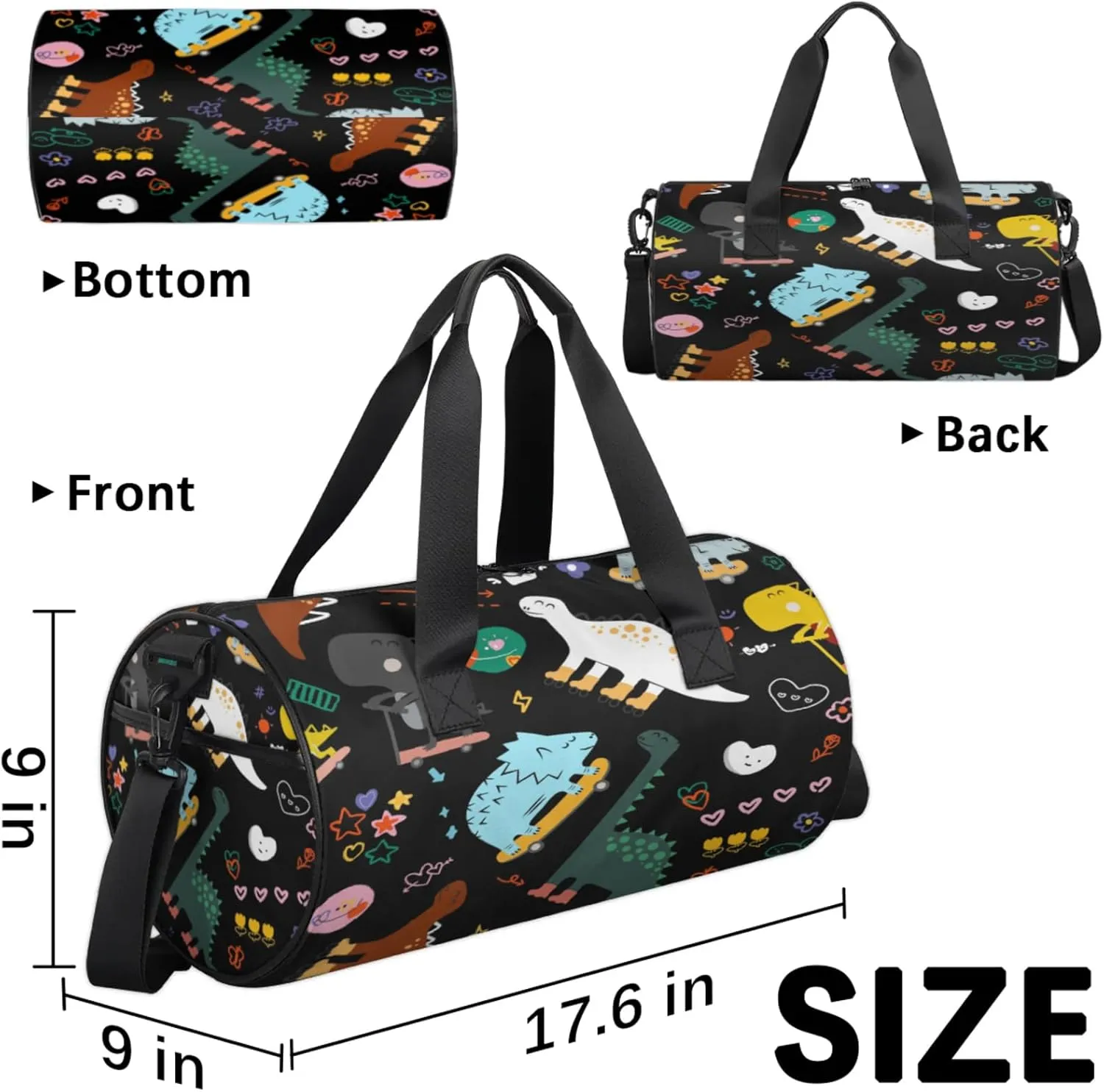 Kids Duffle Bag Boys Girls Overnight Bag Cute Dinosaur Round Cylinder Carry-On Weekend Gym Bag with Adjustable Should Strap for Travel Sport Camping