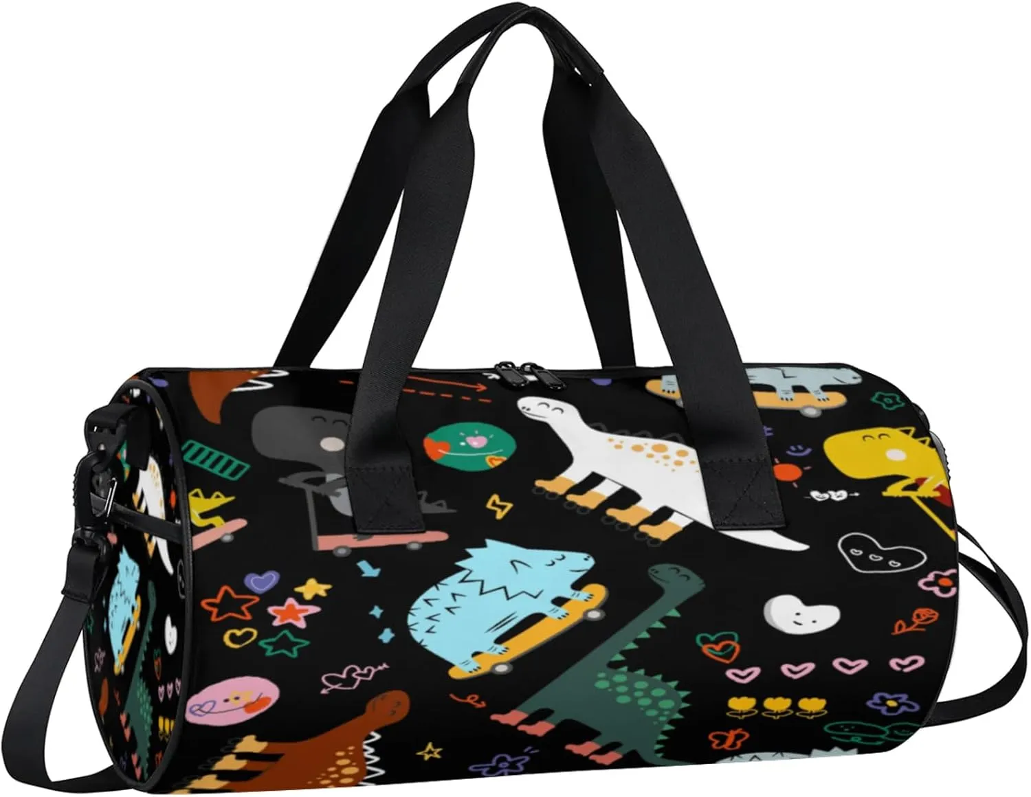 Kids Duffle Bag Boys Girls Overnight Bag Cute Dinosaur Round Cylinder Carry-On Weekend Gym Bag with Adjustable Should Strap for Travel Sport Camping