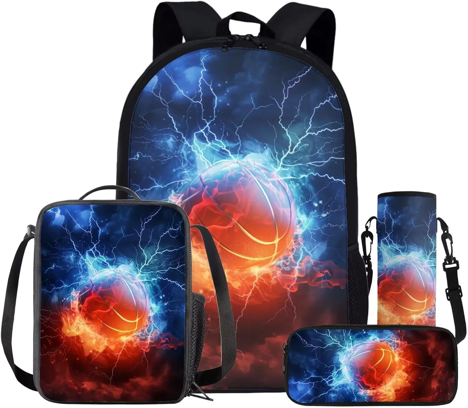 Kids Flame Basketball Backpack Sports Theme School Bag for Boys 4-in-1 Set with Lunch Box Pencil Purse Water Bottle Sleeve Boys Back Pack Student Preschool Bookbag Outdoor Daypack