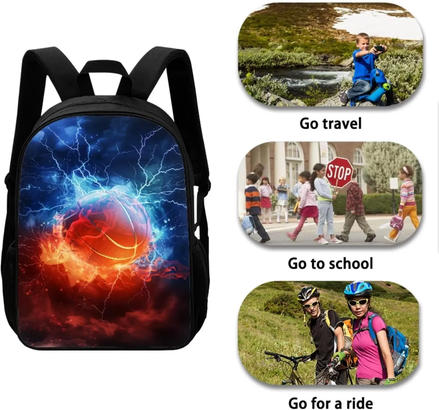 Kids Flame Basketball Backpack Sports Theme School Bag for Boys 4-in-1 Set with Lunch Box Pencil Purse Water Bottle Sleeve Boys Back Pack Student Preschool Bookbag Outdoor Daypack