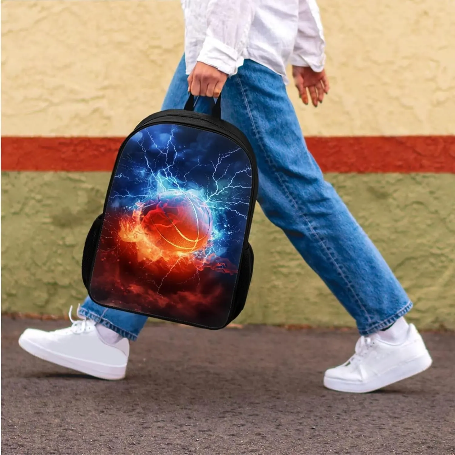 Kids Flame Basketball Backpack Sports Theme School Bag for Boys 4-in-1 Set with Lunch Box Pencil Purse Water Bottle Sleeve Boys Back Pack Student Preschool Bookbag Outdoor Daypack