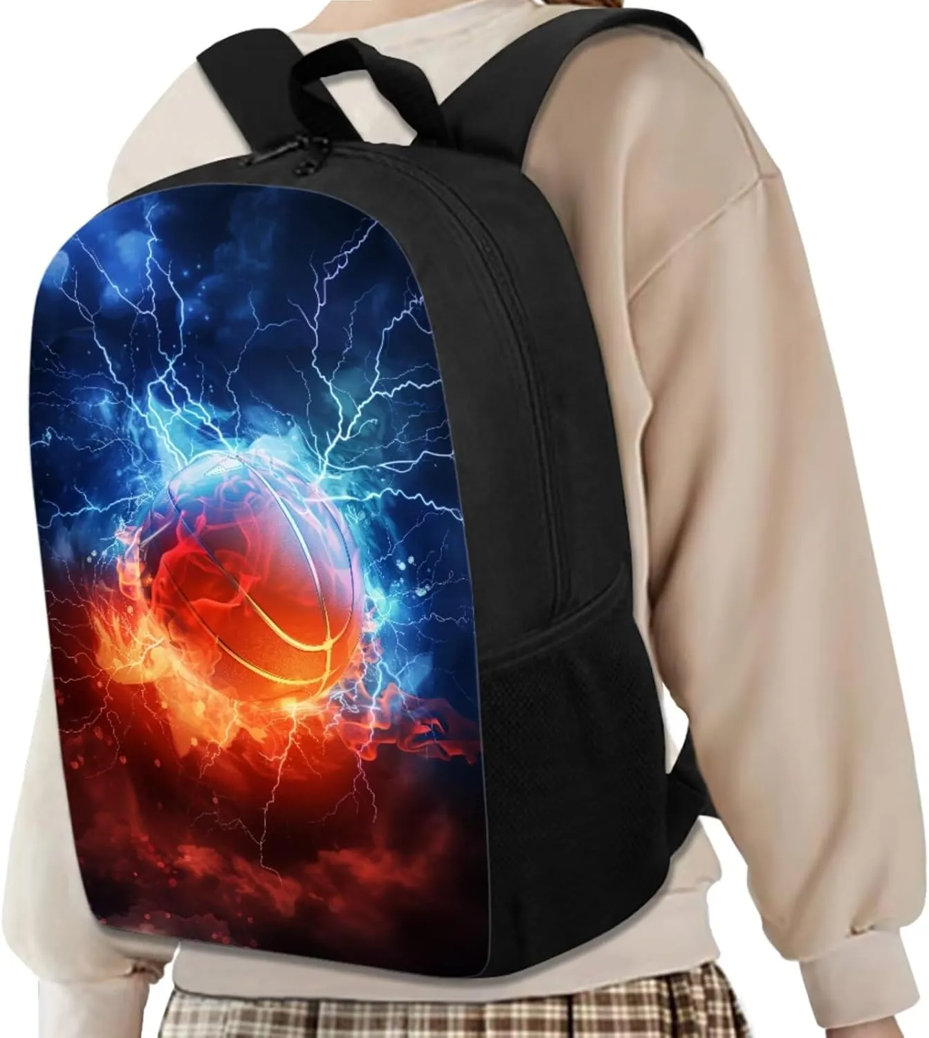 Kids Flame Basketball Backpack Sports Theme School Bag for Boys 4-in-1 Set with Lunch Box Pencil Purse Water Bottle Sleeve Boys Back Pack Student Preschool Bookbag Outdoor Daypack