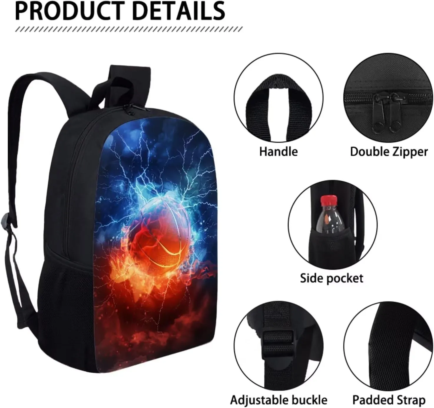 Kids Flame Basketball Backpack Sports Theme School Bag for Boys 4-in-1 Set with Lunch Box Pencil Purse Water Bottle Sleeve Boys Back Pack Student Preschool Bookbag Outdoor Daypack