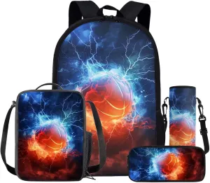 Kids Flame Basketball Backpack Sports Theme School Bag for Boys 4-in-1 Set with Lunch Box Pencil Purse Water Bottle Sleeve Boys Back Pack Student Preschool Bookbag Outdoor Daypack