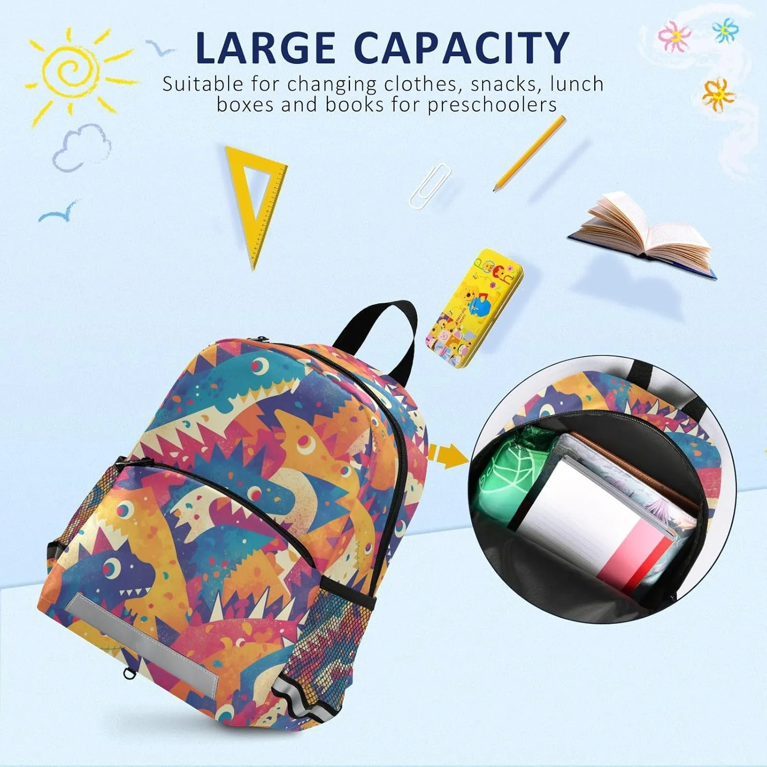 KLL Elementary Backpack for Girls Cute Water Resistant School Bag Travel Outdoor Daypack, Dino Pattern