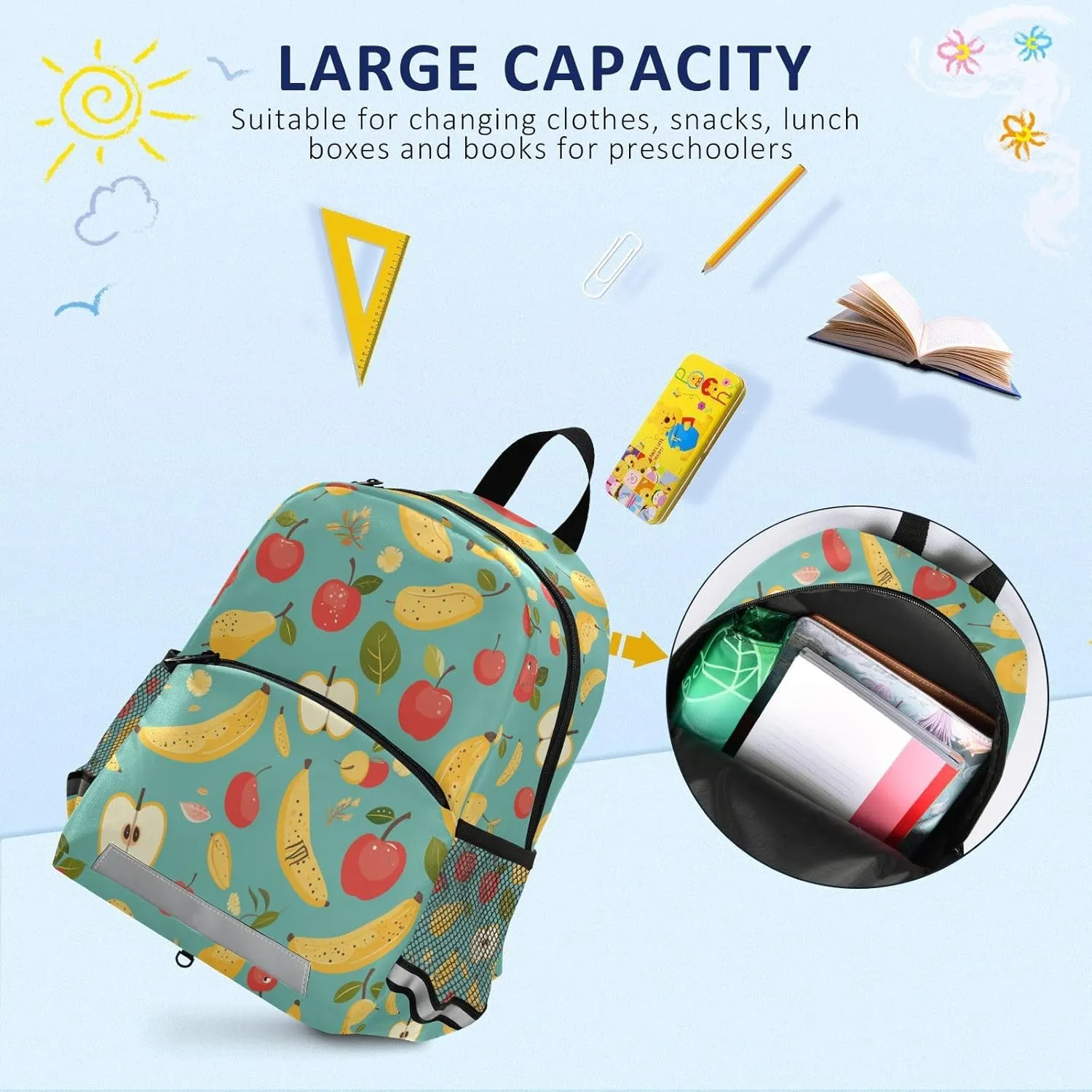 KLL Kindergarten Preschool Backpack Cute Lightweight Bookbag Travel Daypack, Cute Fruits Bananas Apples Pears Scandinavian