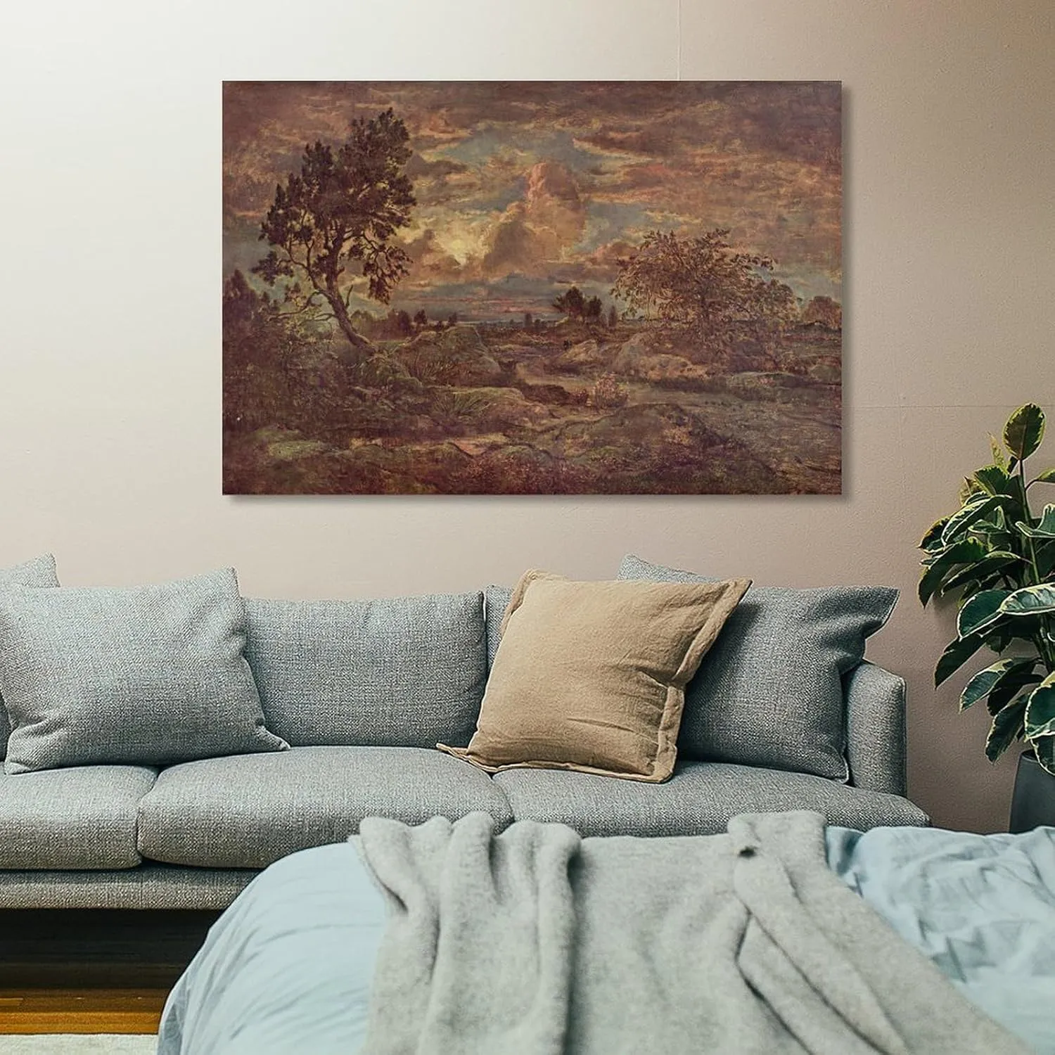 KONEO Sunset at Arbonne by Theodore Rousseau Oil Painting Poster Canvas Poster Wall Art Decor Print Picture Paintings for Living Room Bedroom Decoration Frame:16x24inch(40x60cm)