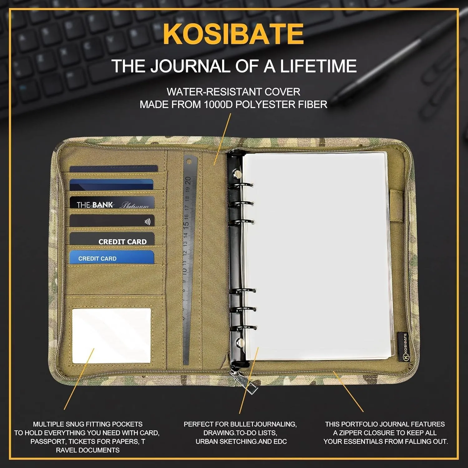 Kosibate Padfolio Ring Binder with 80 Sheets 160 Pages of Loose-Leaf Paper, Weatherproof Notebook Cover, Tactical Notebook with Zippered for Folders, Cards Refillable 6-Ring Notepad(7.3"x10.1")