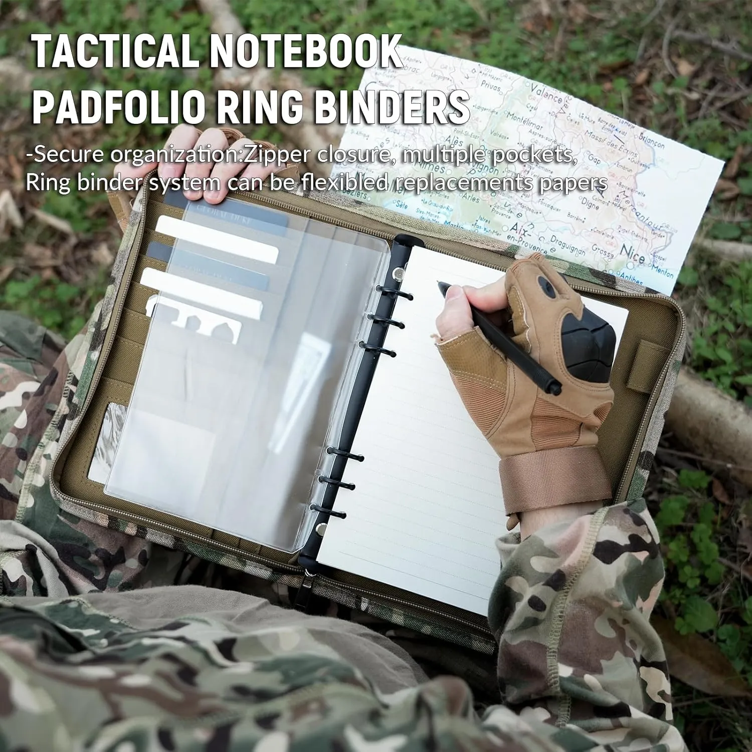 Kosibate Padfolio Ring Binder with 80 Sheets 160 Pages of Loose-Leaf Paper, Weatherproof Notebook Cover, Tactical Notebook with Zippered for Folders, Cards Refillable 6-Ring Notepad(7.3"x10.1")