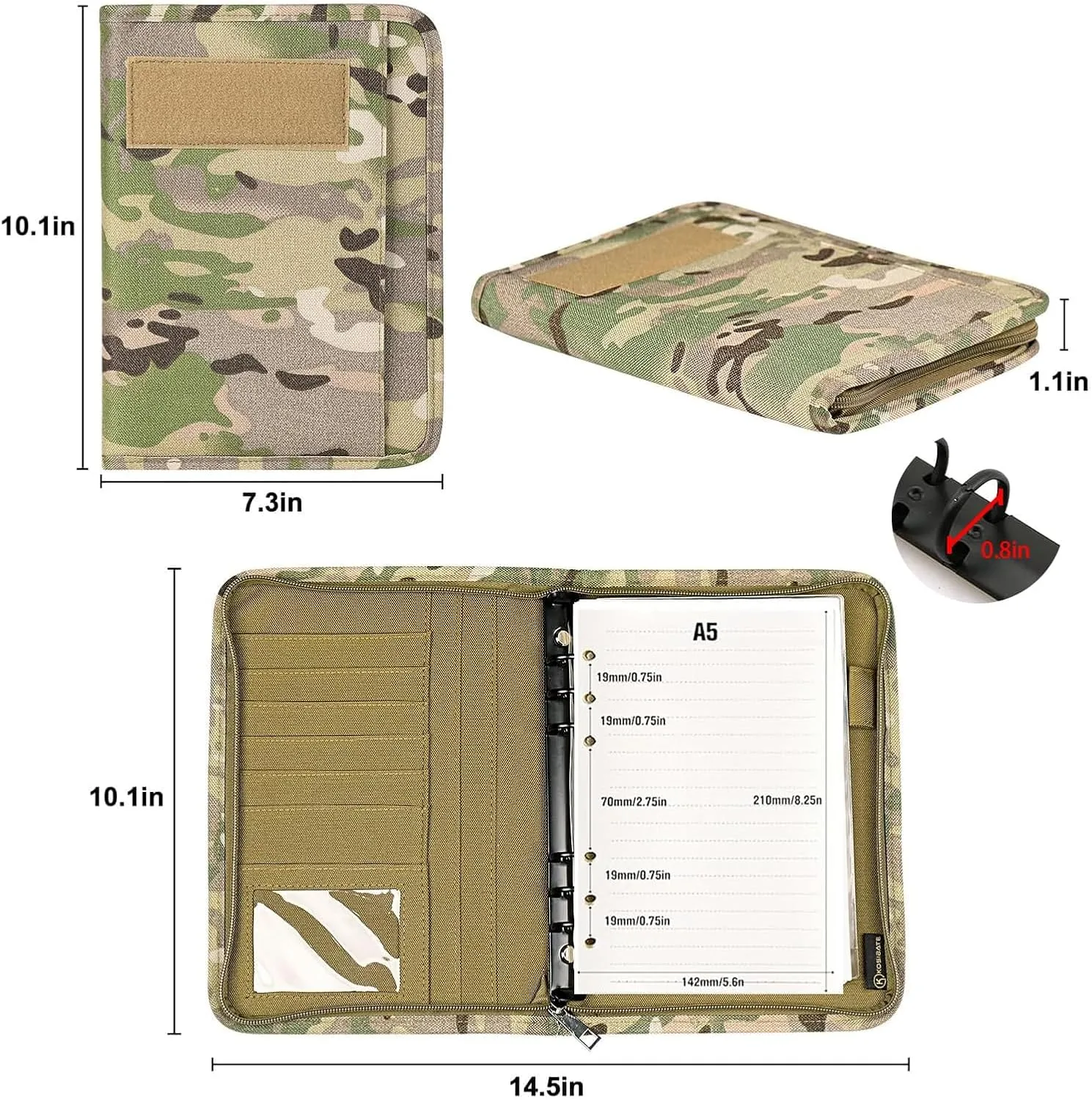 Kosibate Padfolio Ring Binder with 80 Sheets 160 Pages of Loose-Leaf Paper, Weatherproof Notebook Cover, Tactical Notebook with Zippered for Folders, Cards Refillable 6-Ring Notepad(7.3"x10.1")