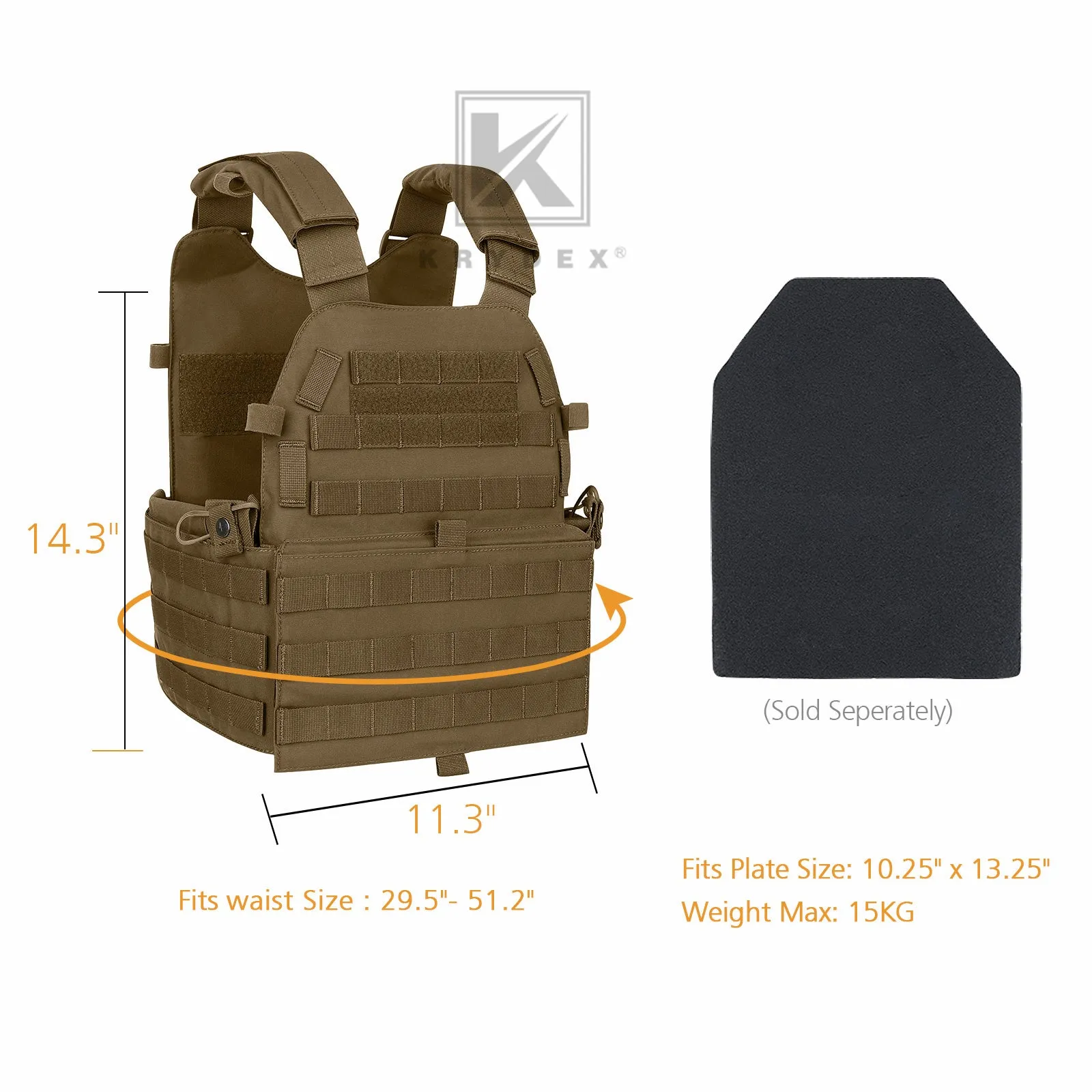 KRYDEX LBT-6094A Plate Carrier Molle Tactical Body Armor Combat Vest With Triple Magazine Pouch & Radio Pouch & General Purpose Utility Pouches
