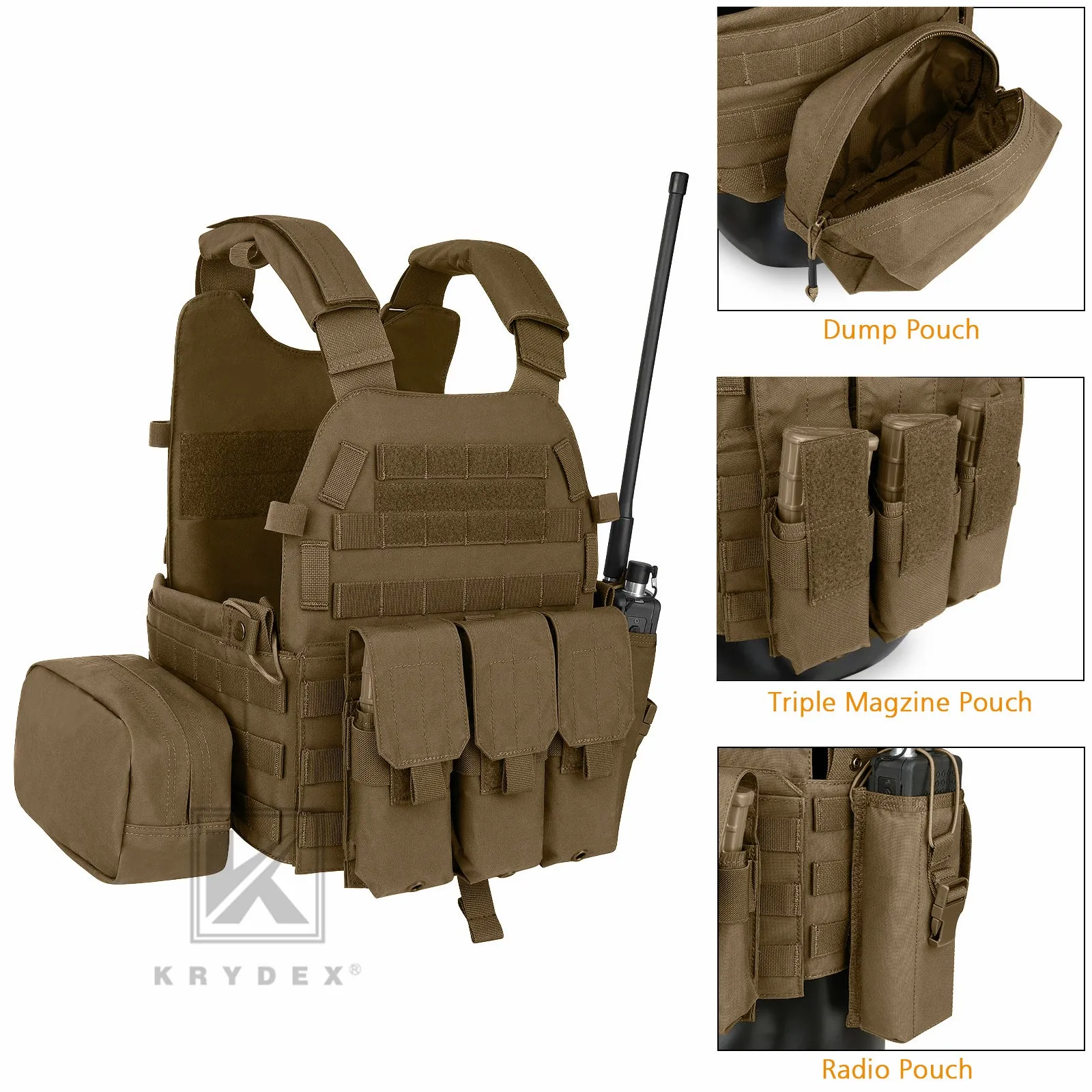 KRYDEX LBT-6094A Plate Carrier Molle Tactical Body Armor Combat Vest With Triple Magazine Pouch & Radio Pouch & General Purpose Utility Pouches