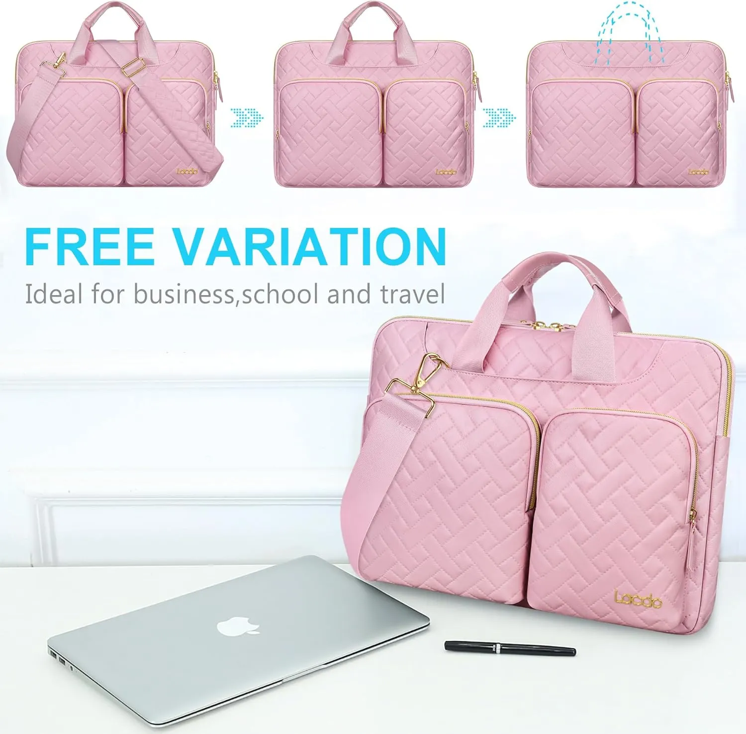 Lacdo 360° Protective Laptop Shoulder Bag for 15 inch New MacBook Air M4 A3241 2025, M3 A3114, M2 A2941 2024-2023, 15 inch MacBook Pro A1990 A1707, Dell XPS 15 Plus Computer Case Bag, Sakura Pink