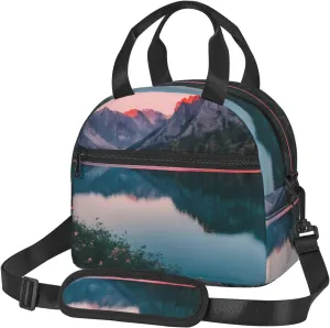 Lake and Sunset Print Lunch Bag Adult Lunch Box for Women and Men with Adjustable Shoulder Adult Tote Bags