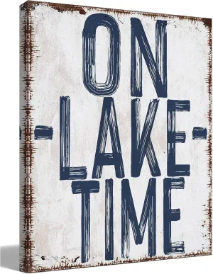 Lake House Wall Art Decor For Summer Home Bathroom Cabin Pouch, Lake Accessories , Nautical Coastal Beach Vintage Rustic Blue Room Decorations 11x14 Inches Canvas Wall Art, On Lake Time Sign Gift
