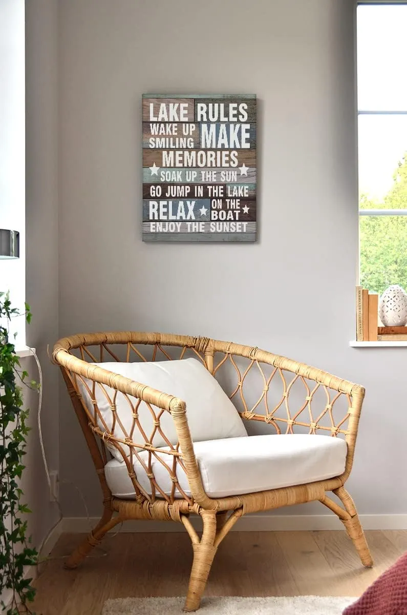 Lake Rules Canvas Wall Art Prints Artwork Signs Framed for Lake Porch Wall Decor Home Room Bathroom Decor,11 X 14 inch,Farmhouse Rustic Lake House Canvas Wall Decor,Lake Lovers Gift