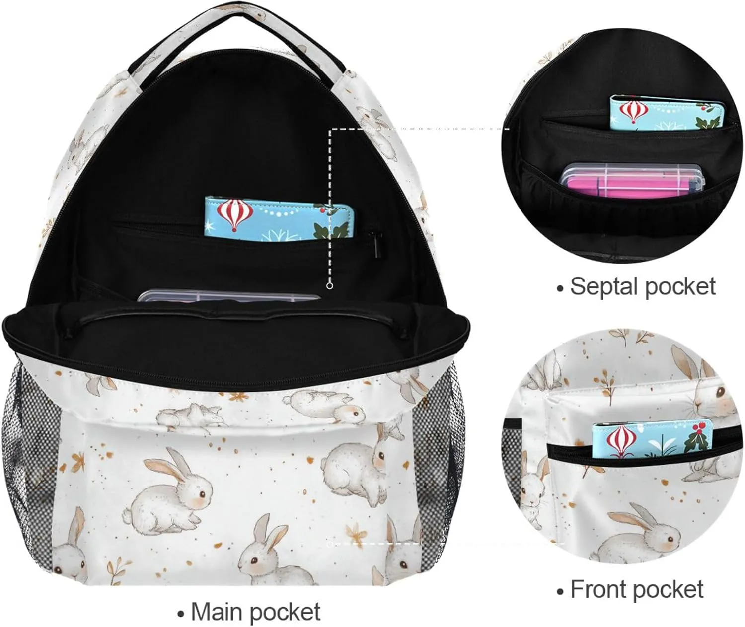 Laptop Backpack for Teens Boys Girls Waterproof Laptop Bookbag with Chest Strap for College Work Cartoon Sweet Lop-eared Rabbit White