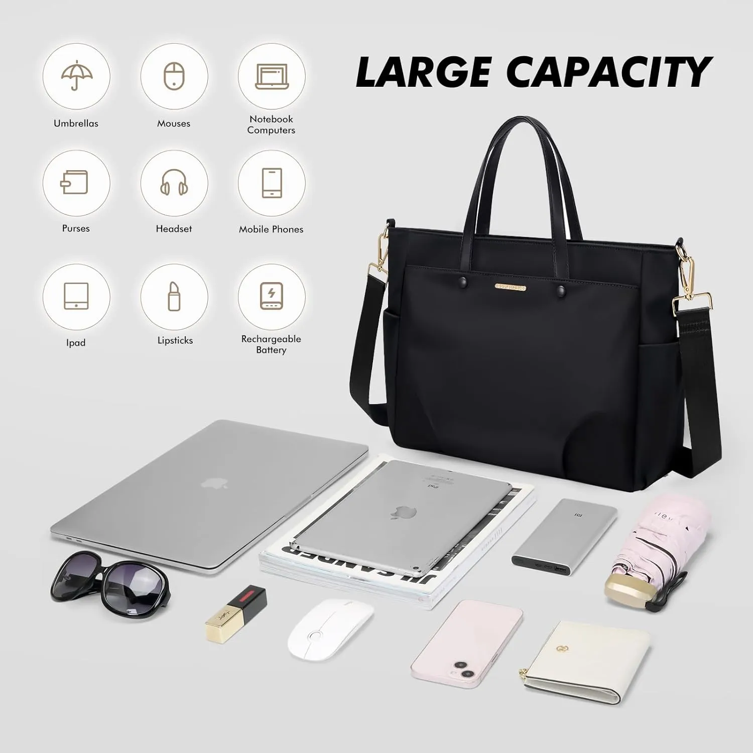 Laptop Tote Bag 15 Inch, Computer Shoulder Bag Large Work Tote Bag for Women, Laptop Carrying Case Stylish Handbag for Business Travel (Black)