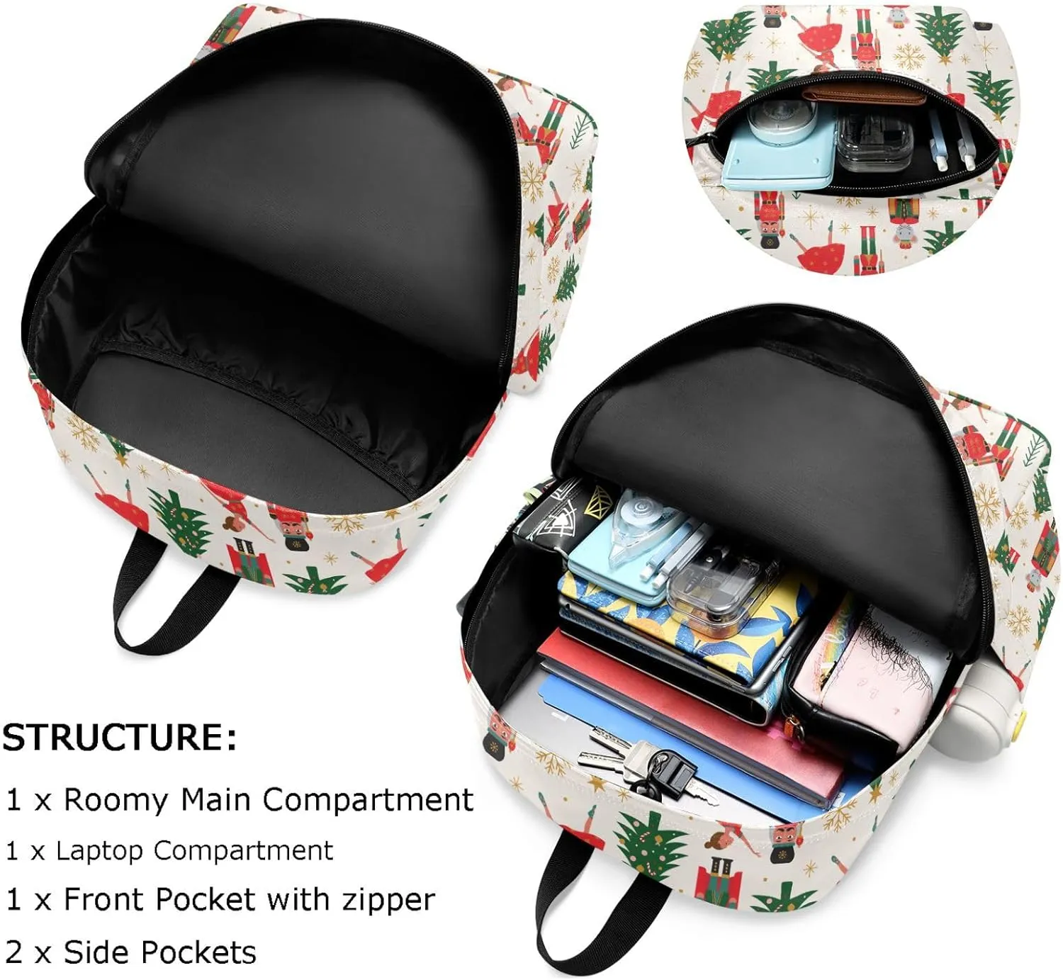 Large Backpack, Christmas Trees Nutcracker Ballerina Polyester Durable Travel Shoulder Daypack for Unisex School Bookbag Work Hiking Fit 16.5 Inch Notebook